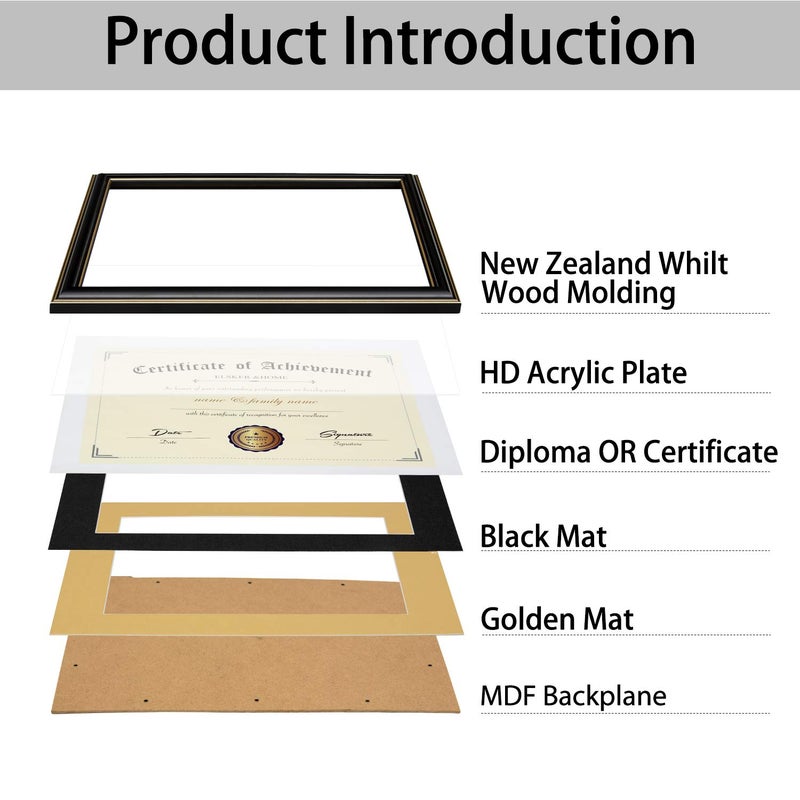 ELSKER&HOME Diploma Frames 11x14 with Mat- Solid Wood - Display 11x14 Document/Certificate with Mat or 15x18 without Mat - Wall Mount Display (Double Mat,Black Mat with Golden Rim) - Image 5